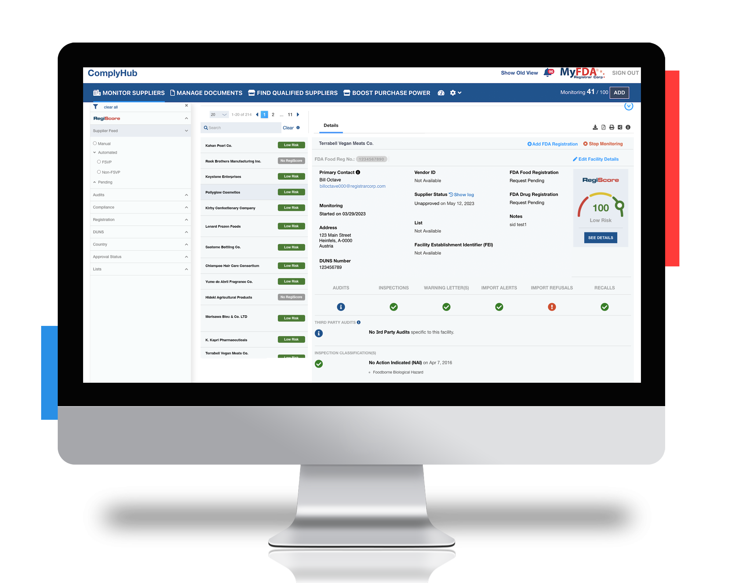 Screenshot of Registrar Corp's ComplyHub Monitor Suppliers feature in a desktop screen for a ComplyHub customer case study