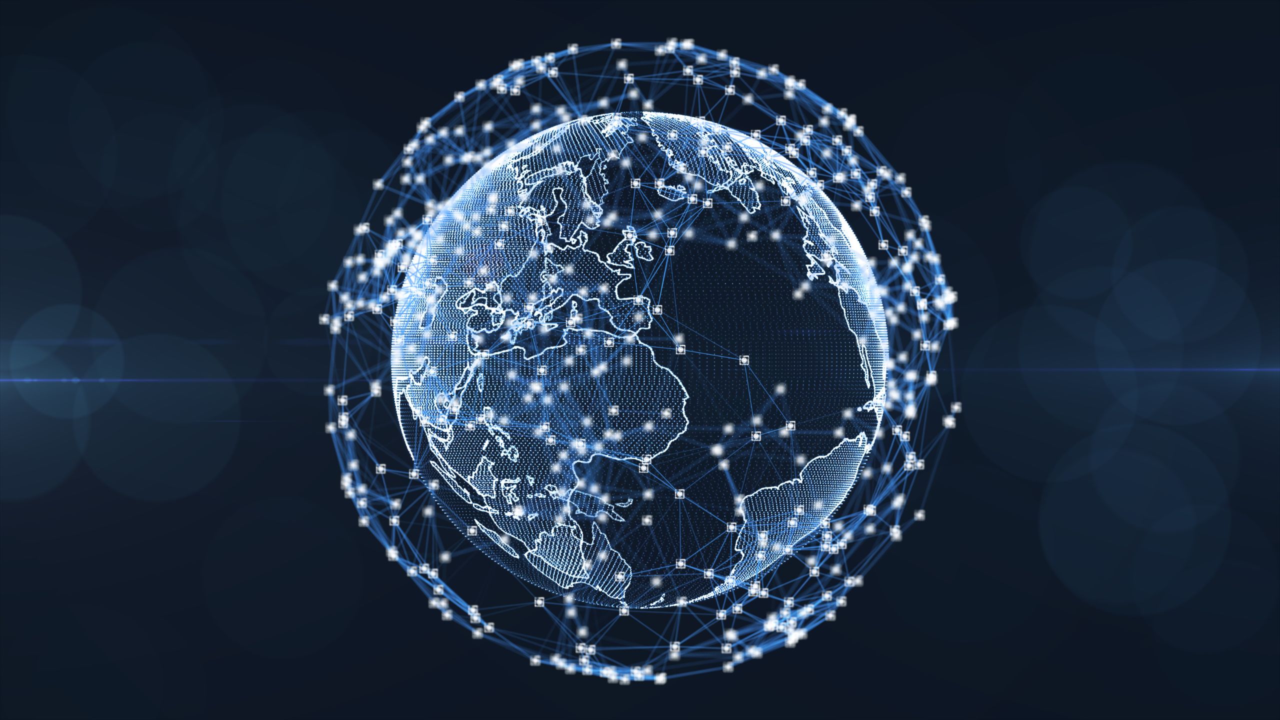 A blue-washed digital Earth surrounded by a net of supply hubs representing the influence a PCQI has on global supply chain food safety.