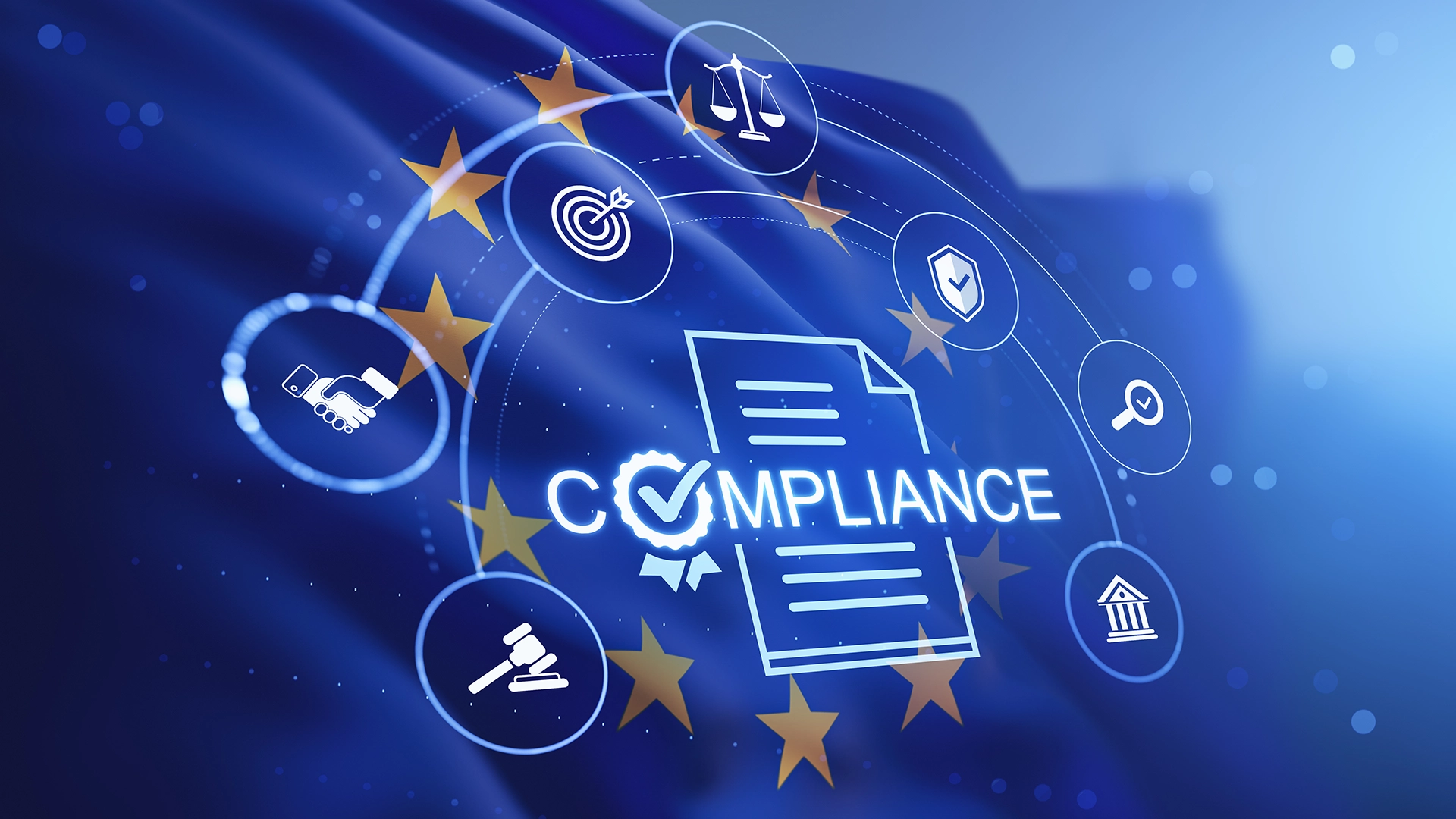 composite image of EU flag stars symbol with compliance checkmarks and icons